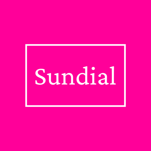 My logo, a deep pink square with a white rectangular outline within which Sundial is written in white letters.