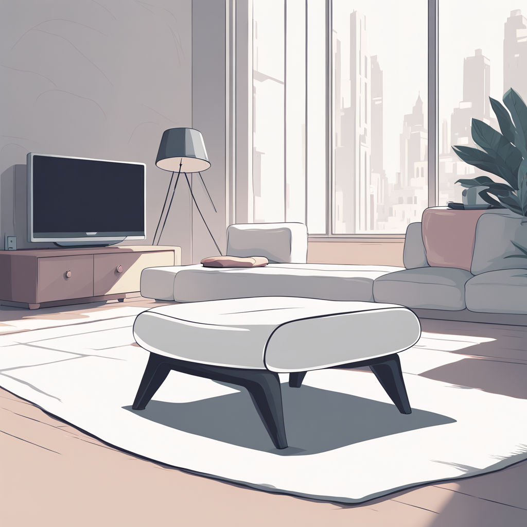 Done in cartoon style, this focus of this image is a white foot-stool with wooden legs on a white map in the centre of a sitting room. Behund, there is a TV table with TV, a lamp and an airy window. There is also a sofa and a large plant in the back ground. The foot-stool features toward the end of this blog.