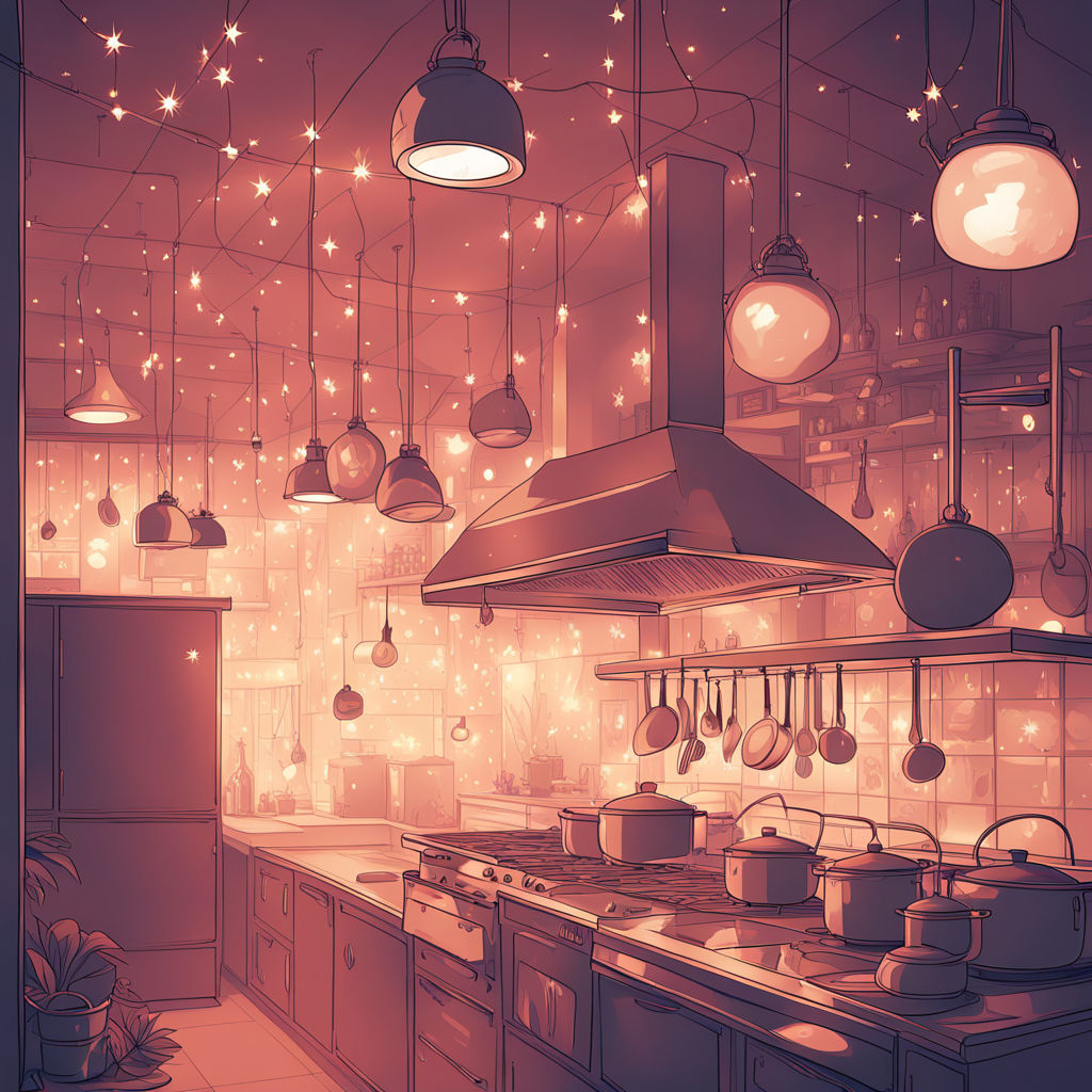A cartoon-like image of an industrial kitchen, lots of lights, an extrator fan, some surfaces covered in pots and an array of untensils lined up hanging behind the pots. It's all in browns and yellows, and there is a hint of steam in the air. It looks cosy.