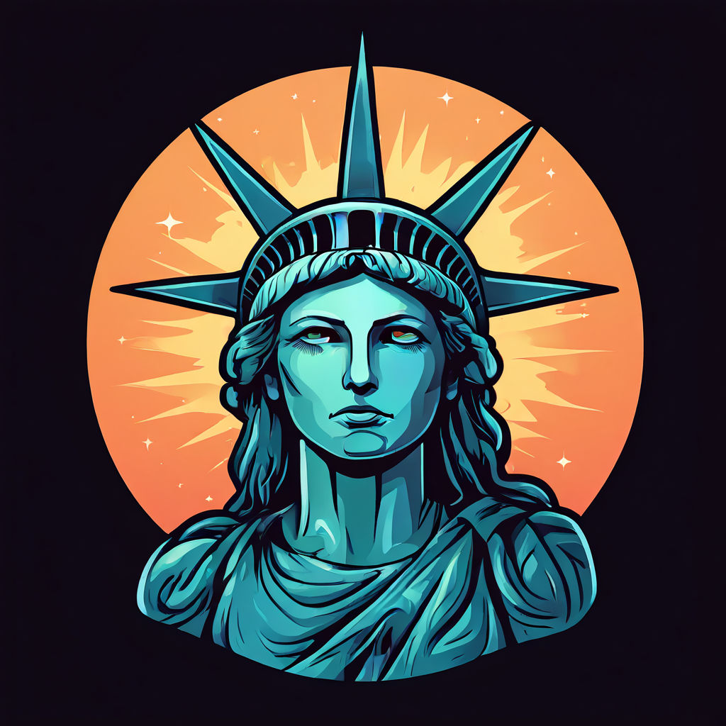 A comic style picture of the head of the Statue of Liberty. The statue is bllue. The head has a blazing orange circle behind it, as though the sun is shining directly behind her head. This is surrounded by a completely black frame. Her head is superimposed on this background and her shoulders and the tips of her tiara crown overspill the orange circle into the black. She has a red glint in her right eye.