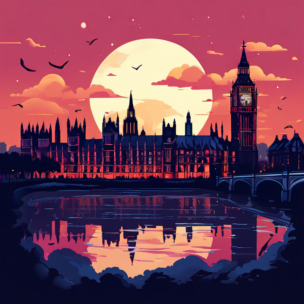 London at sunset - it's a cartoon-like picture showing the houses of parliament and Big Ben. The sun is going down behind them (artistic license). The buildings are reflected in the Thames and there are bats flying about in the lightly cloudy sky.
