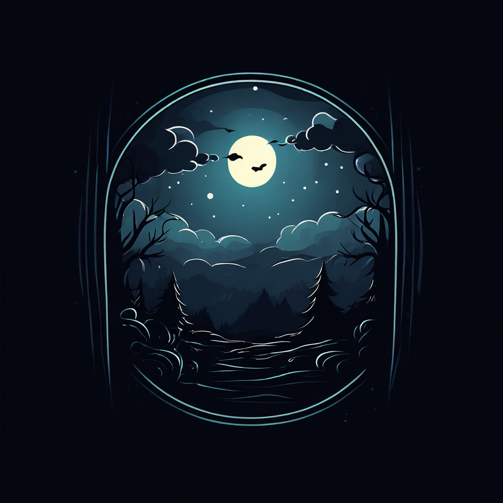 A black square of a picture. In the middle is an arch picked out in light blue, it's a window. Outside you see trees, clouds and a full-moon with a couple of bats silhouetted against it.