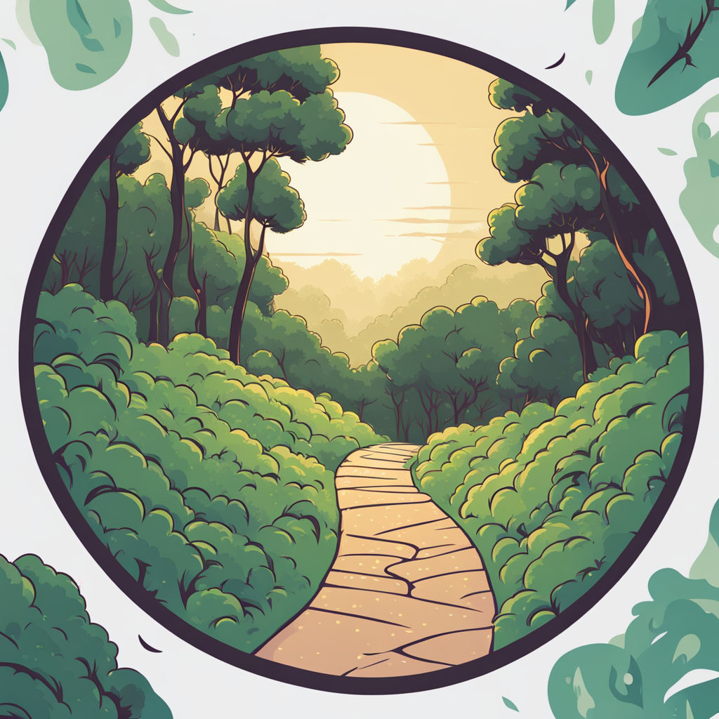 A cartoon-like picture of a curved and paved path leading between bushes ito the distance. There are some trees to either side and a glimpse of sky depicted in yellow with a white sun.