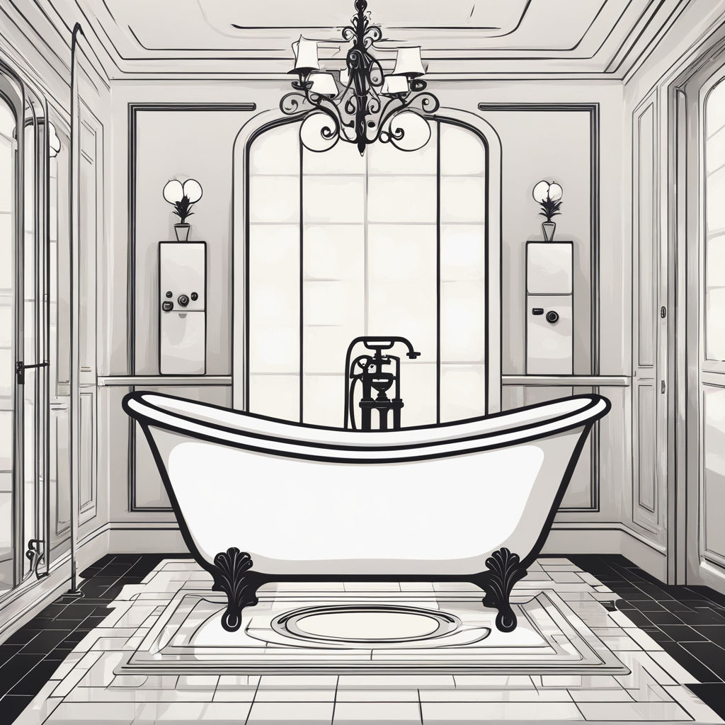 A cartoon-like image of a bath-tub with feet. It's in a kind of art-deco bathroom with an arched window behind it and some fancy lighting.
