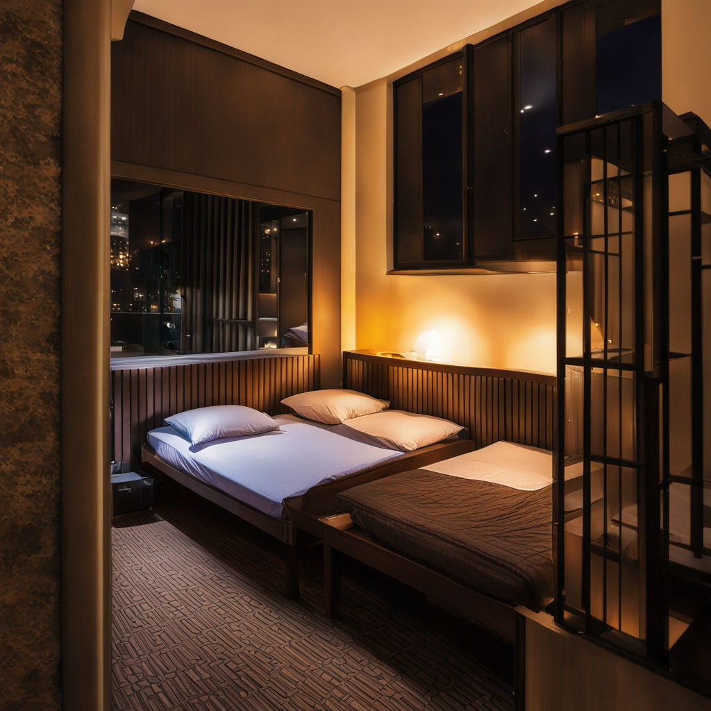 A hotel room at night. Beds, a window, subdued lighting.