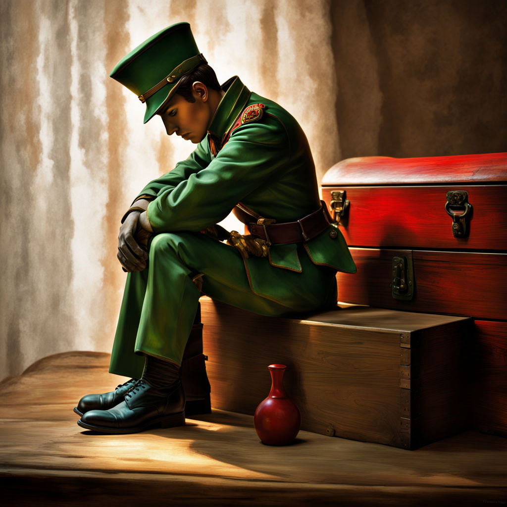A toy soldier is in a green uniform with a tall green hat is sitting on a box looking dejected. His arms rest between his knees and his head is angled downwards. There is a red toy-chest behind him, and in the back-ground the sun is shining through closed curtains. He looks mournful.