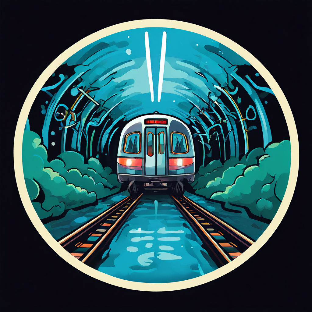 This image is done in cartoon style. It shows a subway train from the back. It is framed by a white circle on a black back ground which directs your view it to the train. It appears to be travelling through an arched tunnel.