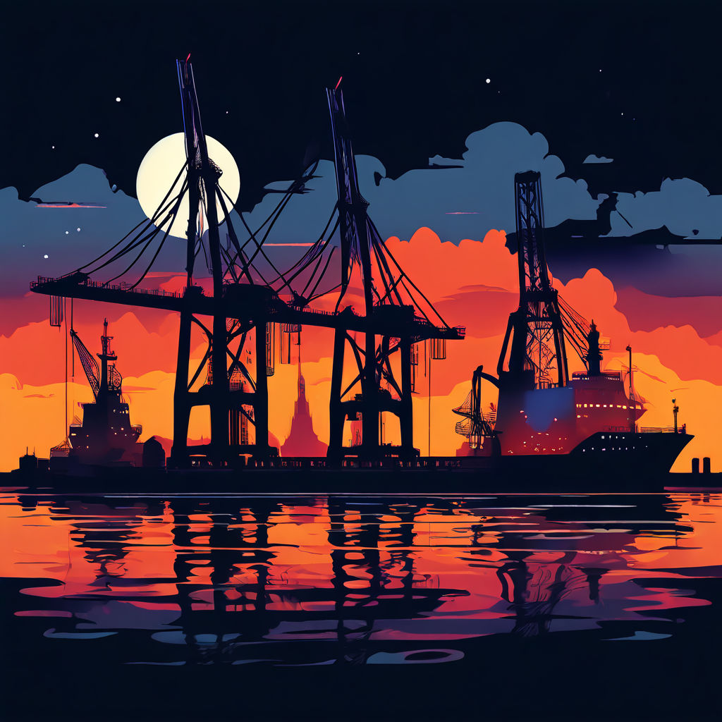 A cartoon-like picture showing an industrial-style harbour with container loading cranes and a boat. It's silhouetted against a sunset which reflects off the deep water in the foreground of the image. Above are grey clouds, the blackness of night and a full-moon.