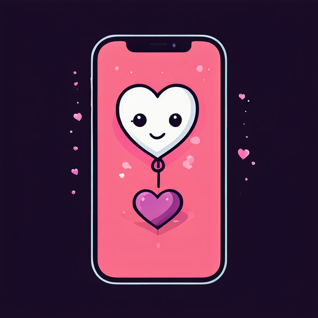 This picture shows a mobile phone against a black background. It's done in a cartoon style. There are pink hearts around the phone, and the display shows a smiling white heart balloon attached to a dark pink heart. The display background is pink.