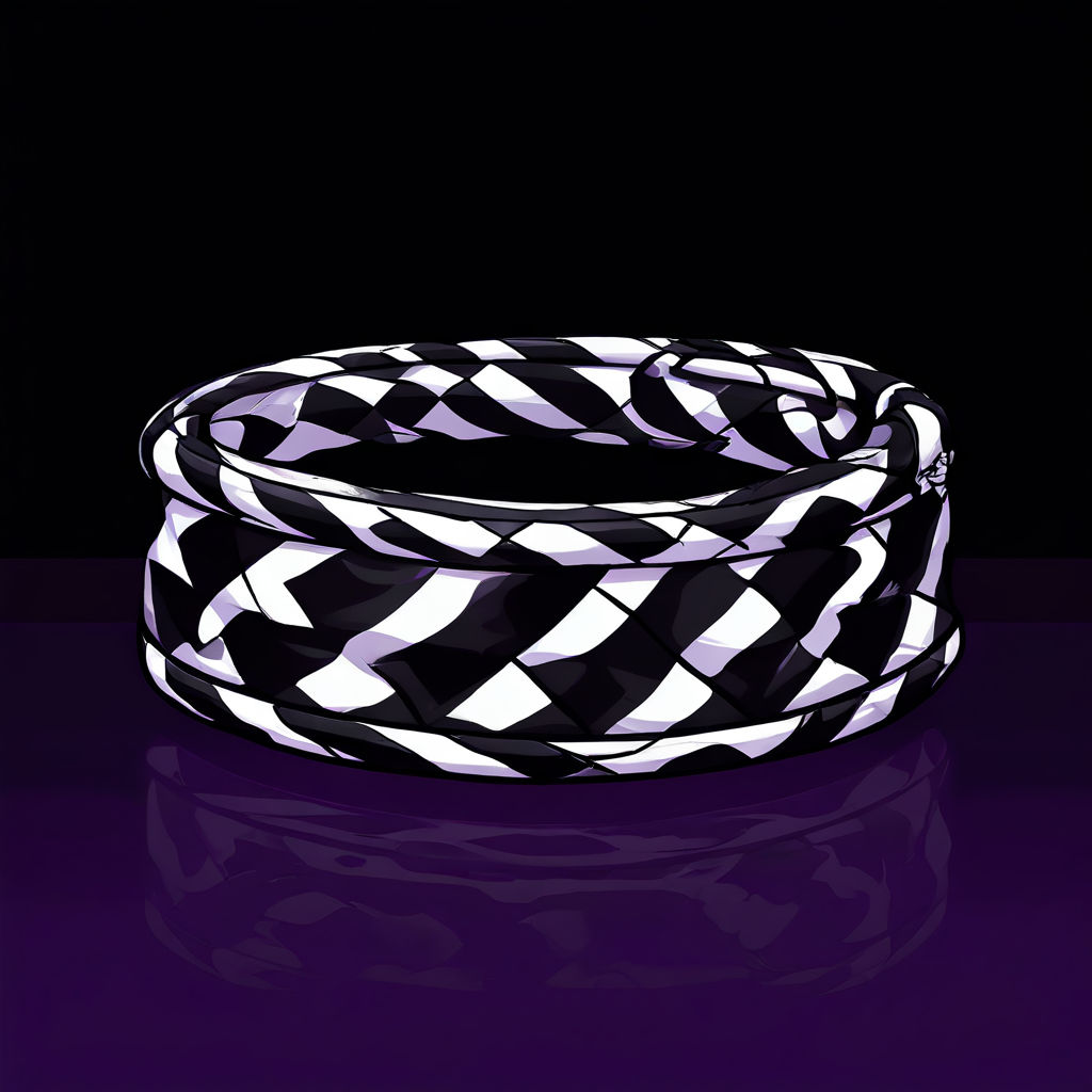 A cartoon-like image of an black and white checkered armband. It's lying on a purple table which fates to a black background.