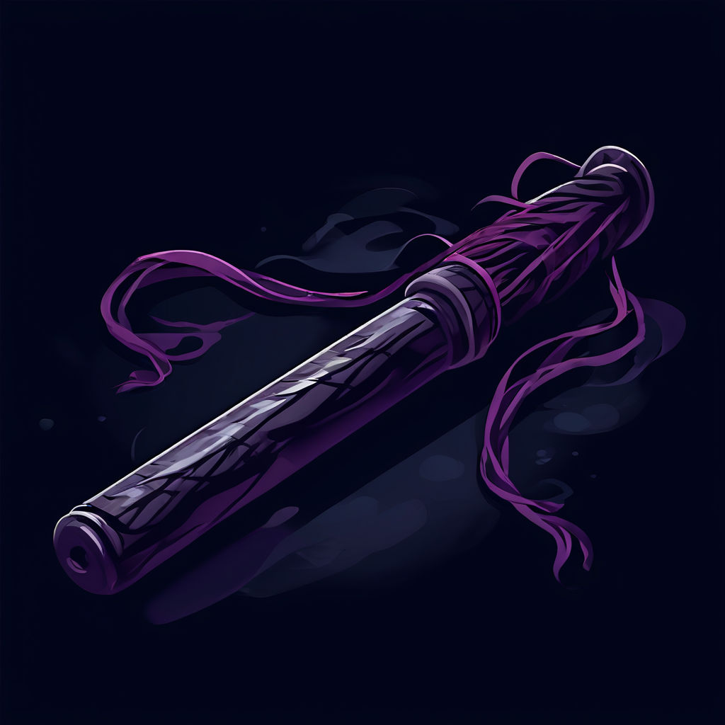A flogger on a table. The colours are very dark in this picture and it is done a a comic book style. The flogger has purple tales and a very dark purple handle.