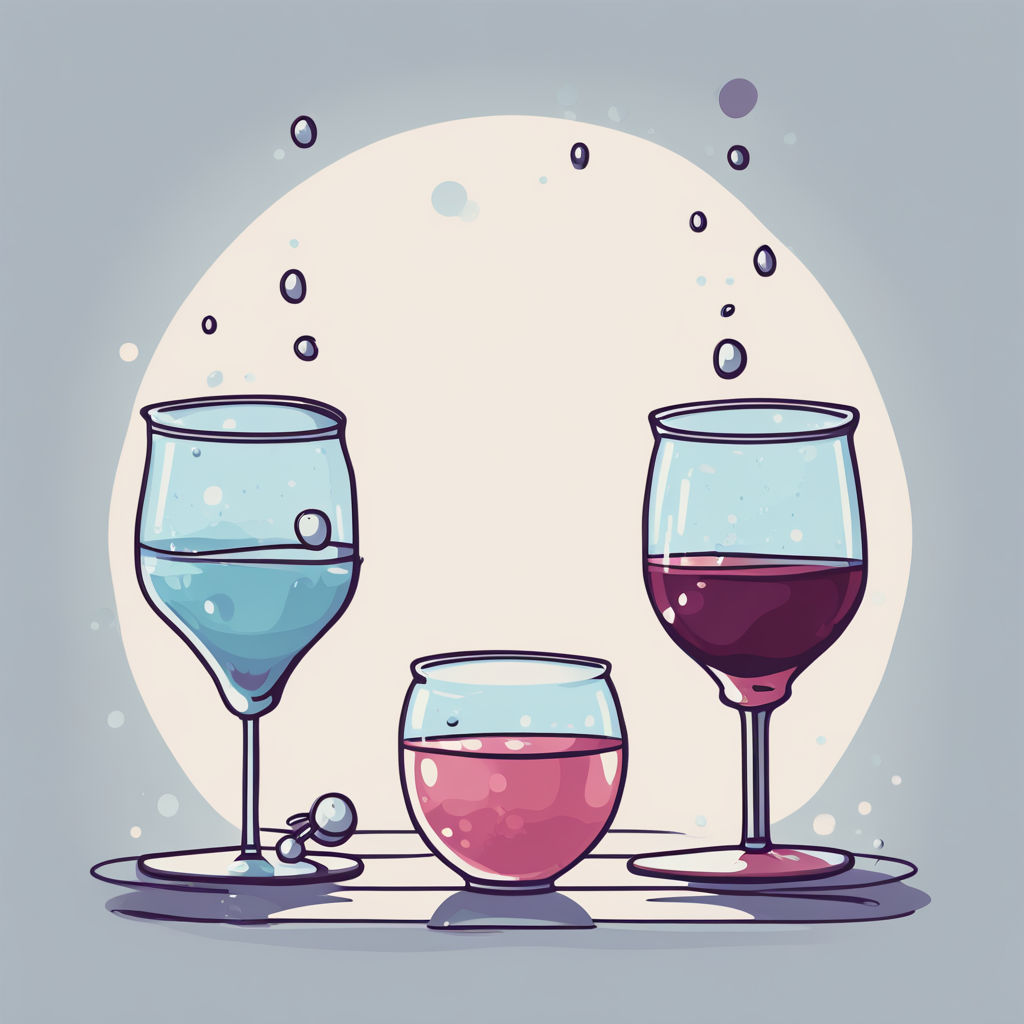 There are three glasses on a table, two tall wine glasses and a short rounded tumbler in the middle. The wine glass on the left contains blue tinted liquid, perhaps water, middle something similar in hue to cranberry juice and the tall glass on the right a deep red liquid, maybe a red wine. There are bubble rising from the wine glasses. The image is cute and cartoony. The three glasses are offset by a white circle in the background. There is a hint of a tray under the glasses and their shadowy are cast towards the viewer. These glasses represent the characters in this story, with Nick being the central tumbler.