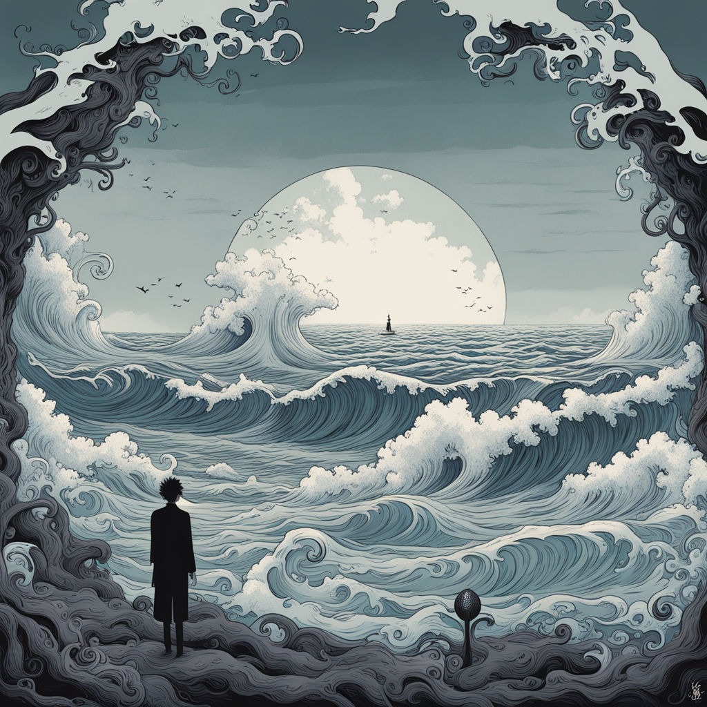 There is a silhouette of a woman in the foreground of this picture in the corner on the left, but she is a tiny part of the image. In the background, you see ocean waves breaking onto the beach she is standing on. The beach is made up of static, curled waves and her feet disappear into one of them. It appears to be nighttime, the picture is mostly grey with subtle blues. She is trapped in the turmoil of the ocean and the night. The ocean meets the sky half way up the image, until that point, the waves are wild and rough, here there is a tiny silhouette of a lighthouse. On the horizon is a huge semi-circle right in the centre of this picture, it is the focus of the image, what the woman is looking at. In the sky, there are tiny specs of birds that seem to be flying towards this. It initially looks like the moon, but on closer inspection, you realise it is the day, clarity. The whole picture is framed by two enormous waves that appear at though they will crash down onto the woman.
