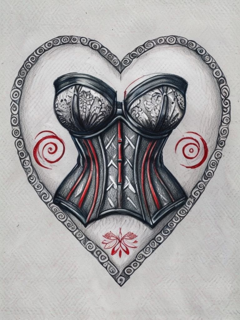 A pencil drawing of a black corset with red bones and lace cups. It is drawn on tatty watercolour card. It is steam-punk like.