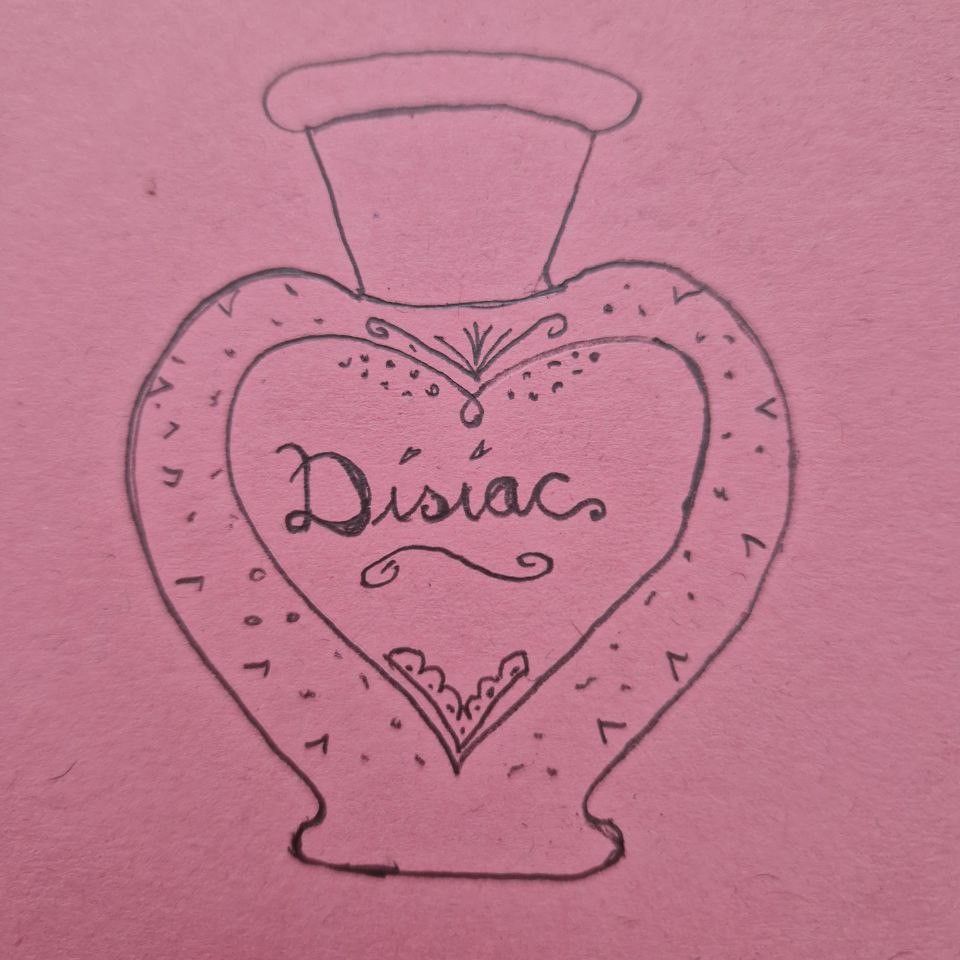 This is a simple pencil-line drawing of a bottle against a warm pink background. The bottle is heart-shaped and is decorated with small dots and triangles. It is clearly hand-drawn. There is a heart-shaped label on the bottle, and with a single word in hand-written script, "Disiac".