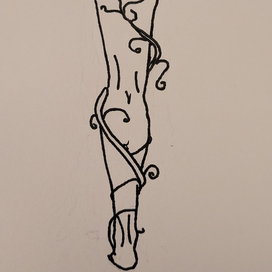 A minimalist black line drawing on white paper. It shows the back of a man’s leg, with a curling vine wrapped around it and smaller tendrils branching outward, also wrapping themselves around him.