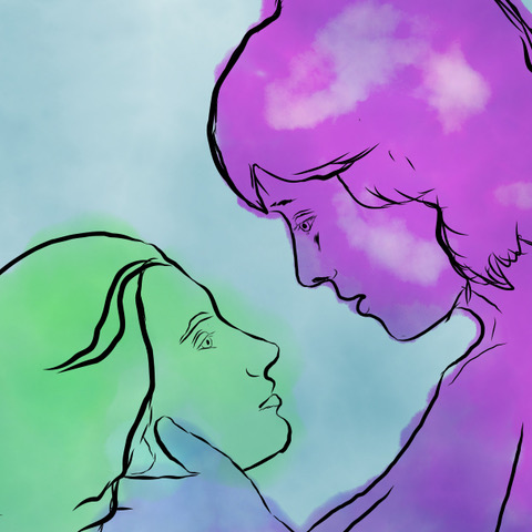 This image was made entirely by D34U to illustrate his post A Wife's First Orgy. Against a smoky teal background, the figures are picked out in black outline, and it features the two main characters: Tabby and Elizabeth. They are embracing each other. Tabby is on the left, she is flooded with lime-green light, and Elizabeth with lavender. She looking up into Elizabeth's eyes, Elizabeth’s hands are cupping her head. You get the impression they may kiss.