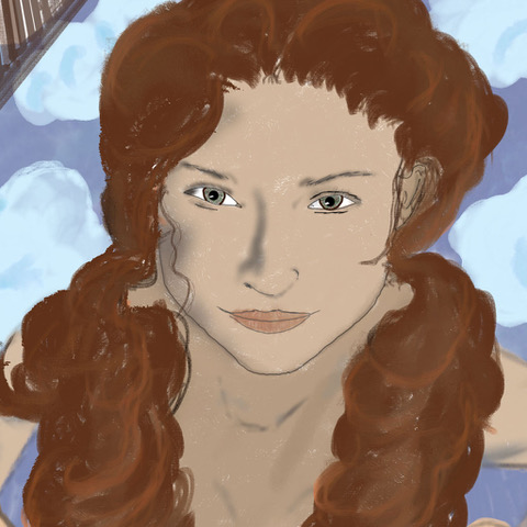 D34U created this beautiful image himself. Tabitha is on her knees in a library, she is framed by two rows of books. She is looking into your eyes with an excited, and satisfied look, a smile playing about her lips. Her long curly brown hair lies over her shoulders.