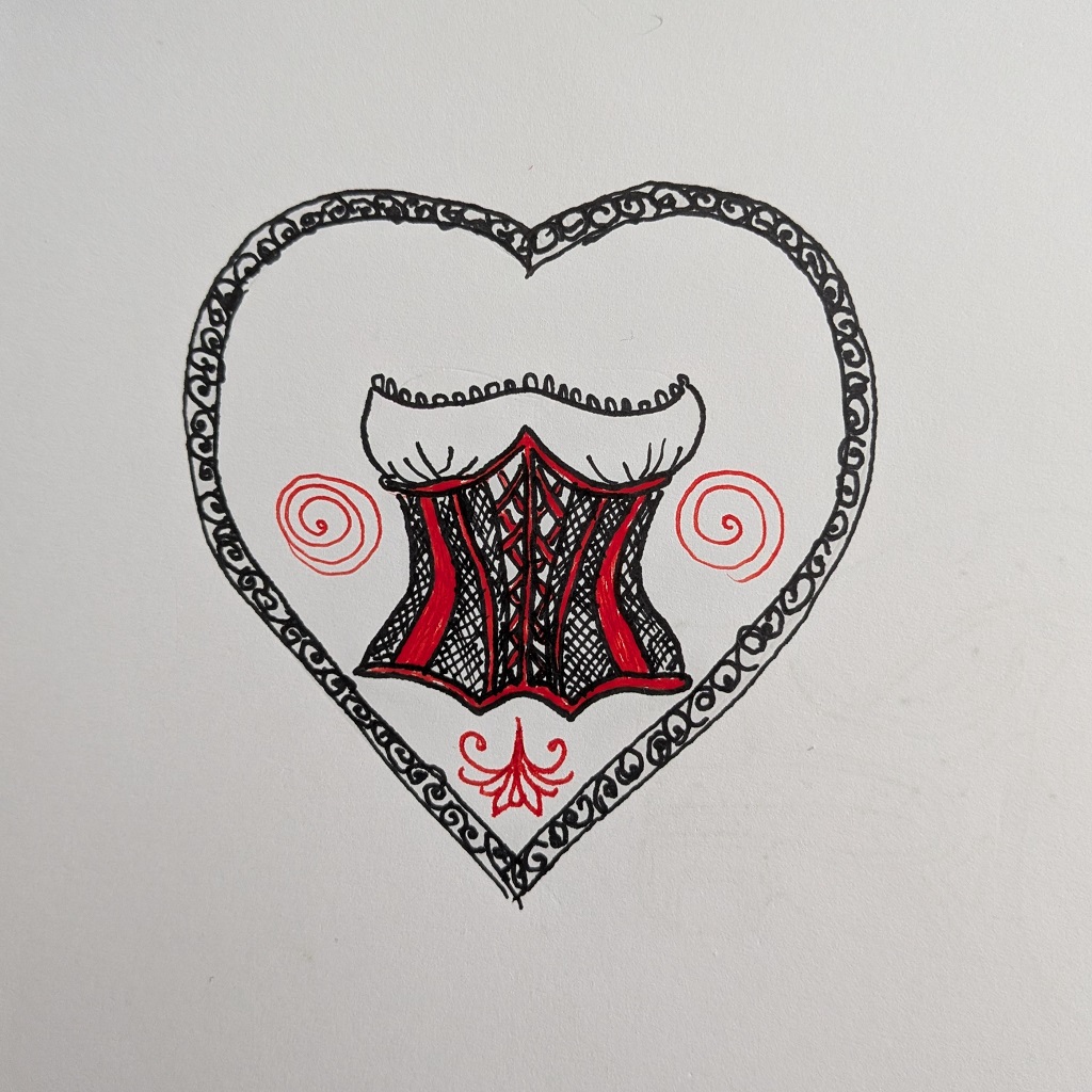 A picture of a black corset with red bones and lace cups. It's set in a heart shape and has red swirls to either side.