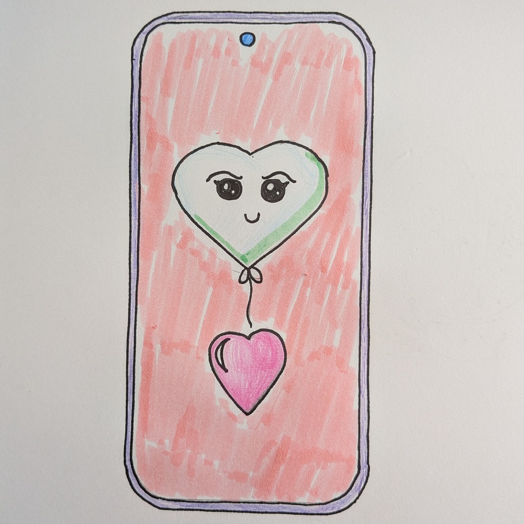 A picture of a mobile phone. It's done in a cartoon style. The display shows a smiling white heart balloon attached to a dark pink heart. The display background is pink.