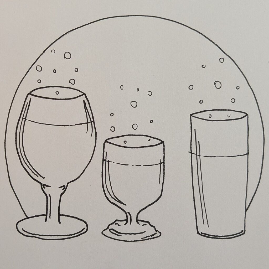 A black line drawing of three glasses containing liquid. The glasses are all different, a wine glass on the left, a smaller low stemmed glass in the middle and a tall glass on the right. There are bubbles of different sizes rising from the liquid. Represents a threesome of different people.