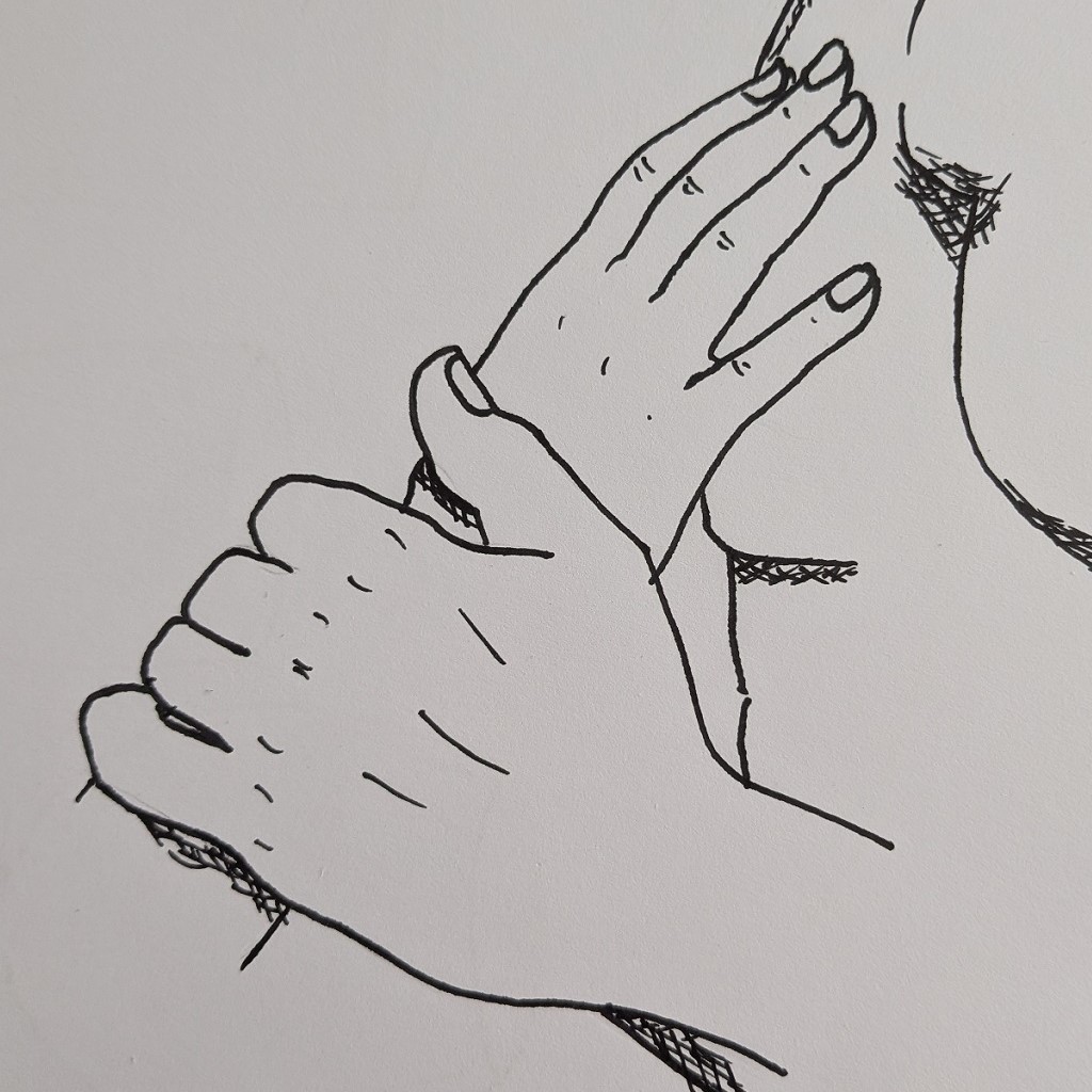 Black and white line drawing of a woman touching the chest of a topless man. His hand is holding her wrist to him. There are hints of biceps, he appears to be muscular.