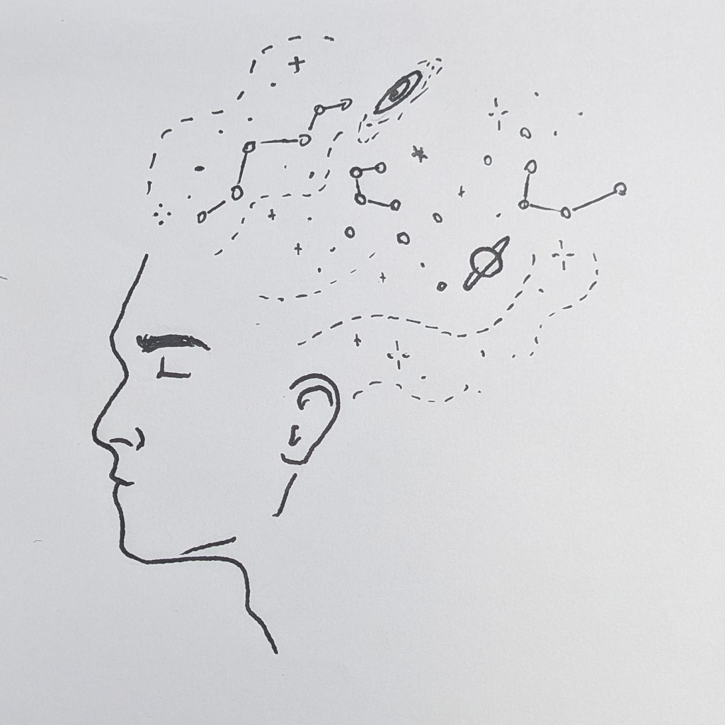A simple line drawing of a masculine face in profile. You only see from forehead to the front of his neck. He is clean-shaven and has his eyes closed. From his forehead to behind his ear, there is a starfield emerging, lots of stars, some connected like constellations, a planet with a ring around it and a galaxy swirl.