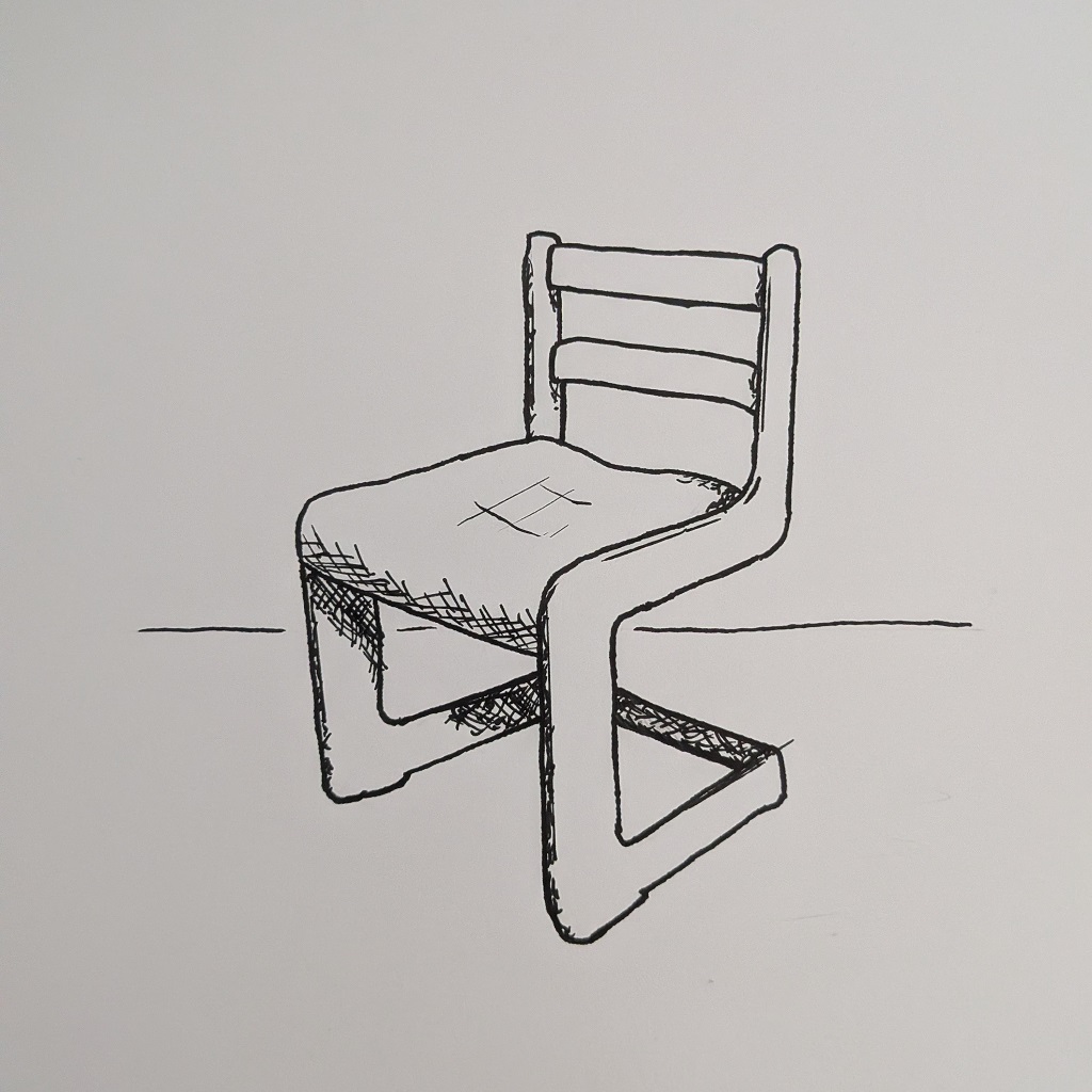 A line drawing of a swinger dining chair. It is at a 45 degree angle to the viewer. It's frame is wooden and the surface of the seat is softly furnished. There is some cross-hatched shadow detailing.